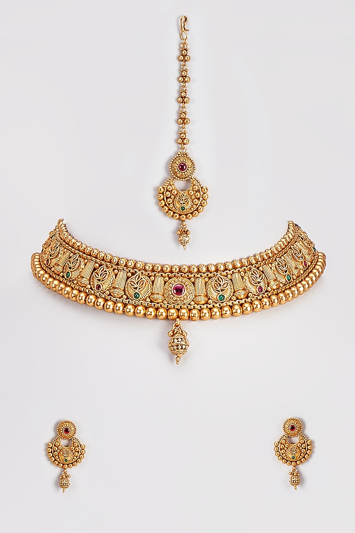 Gold Finish Red Stone Temple Necklace Set by VASTRAA Jewellery at Pernia's Pop Up Shop