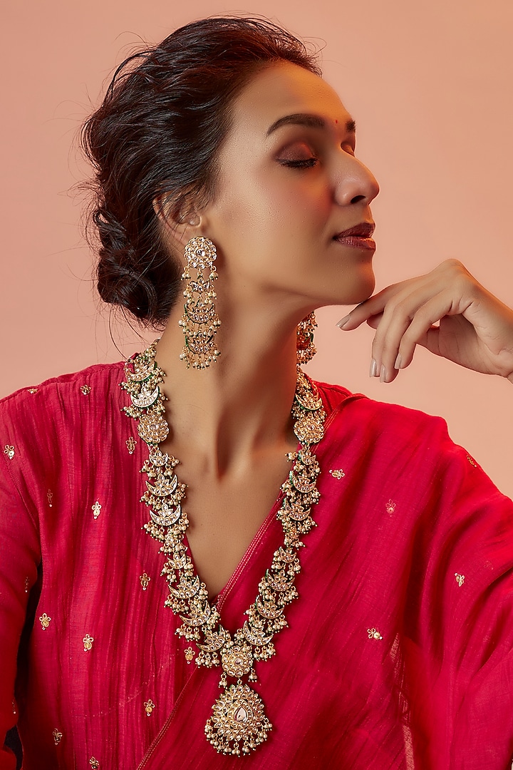 Gold Finish Kundan Polki Long Temple Necklace Set by VASTRAA Jewellery at Pernia's Pop Up Shop