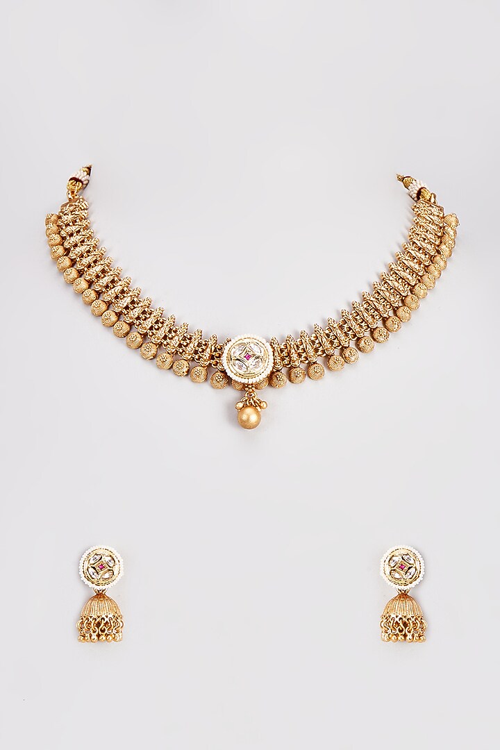 Gold Finish Kundan Polki Long Temple Necklace Set by VASTRAA Jewellery at Pernia's Pop Up Shop