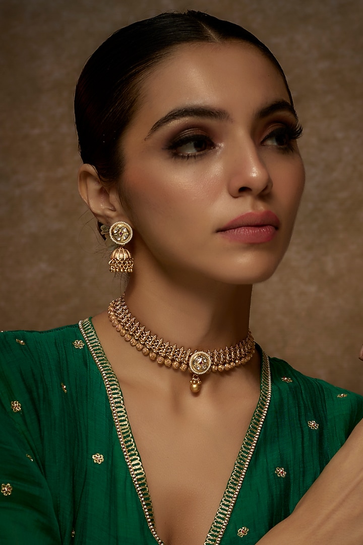 Gold Finish Kundan Polki Long Temple Necklace Set by VASTRAA Jewellery at Pernia's Pop Up Shop