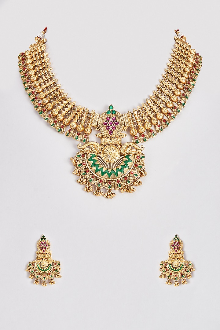 Gold Finish Multi-Colored Stone Temple Necklace Set by VASTRAA Jewellery at Pernia's Pop Up Shop