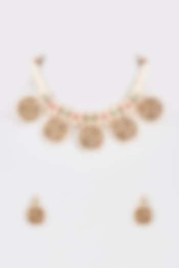 Gold Finish Multi-Colored Stone Temple Necklace Set by VASTRAA Jewellery at Pernia's Pop Up Shop