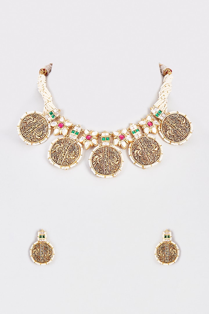 Gold Finish Multi-Colored Stone Temple Necklace Set by VASTRAA Jewellery at Pernia's Pop Up Shop