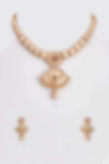 Gold Finish Kundan Polki & Green Stone Long Temple Necklace Set by VASTRAA Jewellery at Pernia's Pop Up Shop