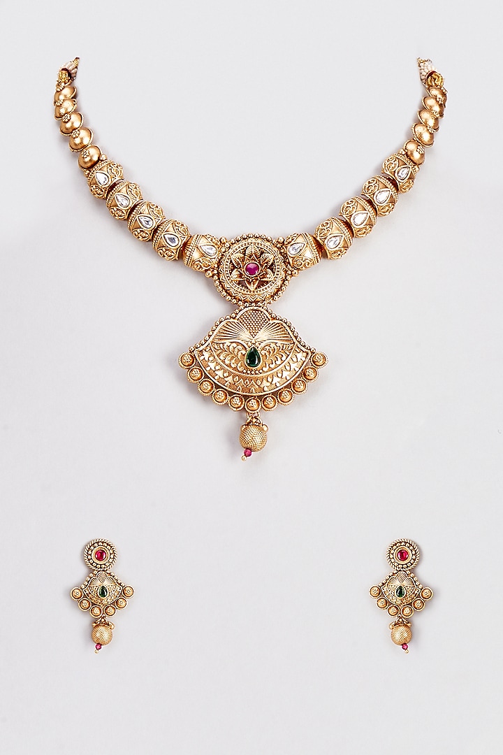 Gold Finish Kundan Polki & Green Stone Long Temple Necklace Set by VASTRAA Jewellery at Pernia's Pop Up Shop