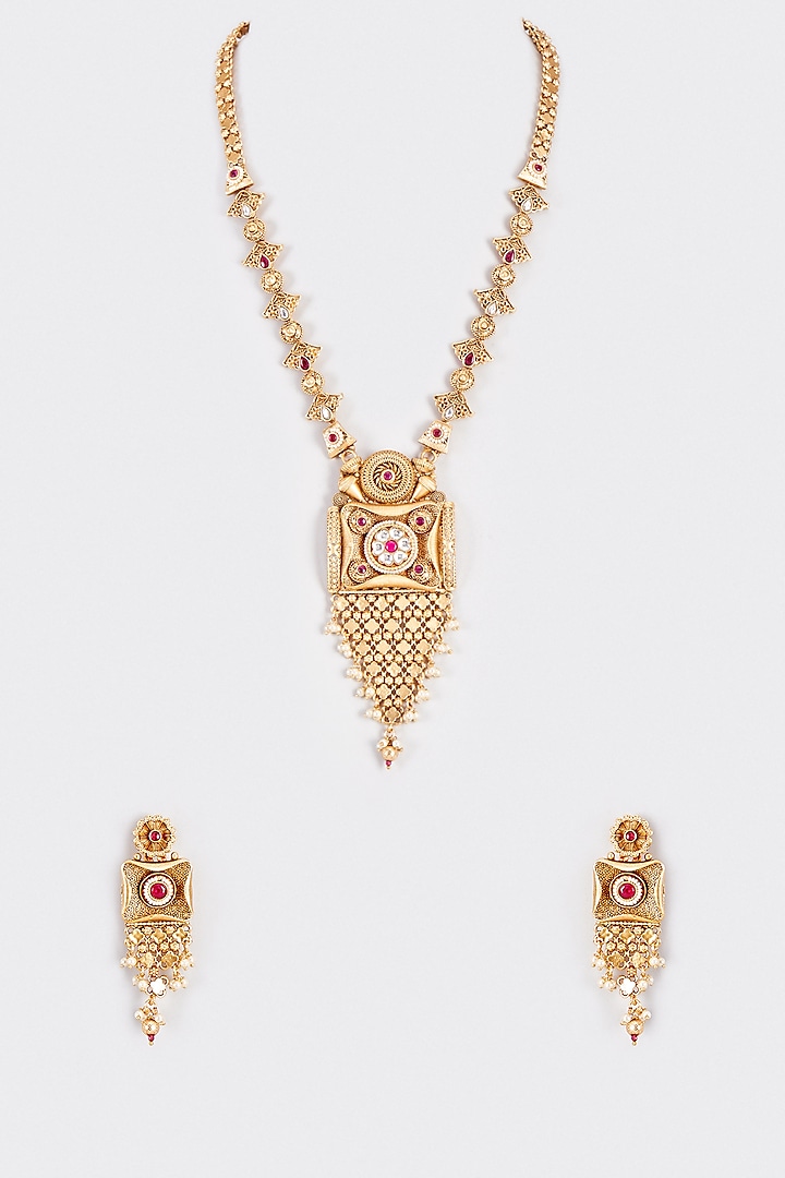 Gold Finish Kundan Polki & Red Stone Long Temple Necklace Set by VASTRAA Jewellery at Pernia's Pop Up Shop