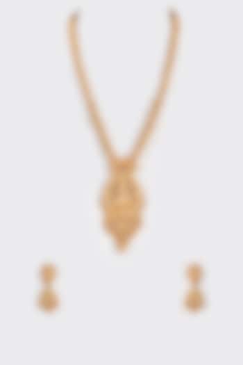 Gold Finish Kundan Polki & Multi-Colored Stone Long Temple Necklace Set by VASTRAA Jewellery at Pernia's Pop Up Shop