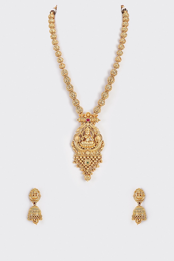 Gold Finish Kundan Polki & Multi-Colored Stone Long Temple Necklace Set by VASTRAA Jewellery at Pernia's Pop Up Shop