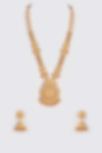 Gold Finish Kundan Polki & Multi-Colored Stone Long Temple Necklace Set by VASTRAA Jewellery at Pernia's Pop Up Shop