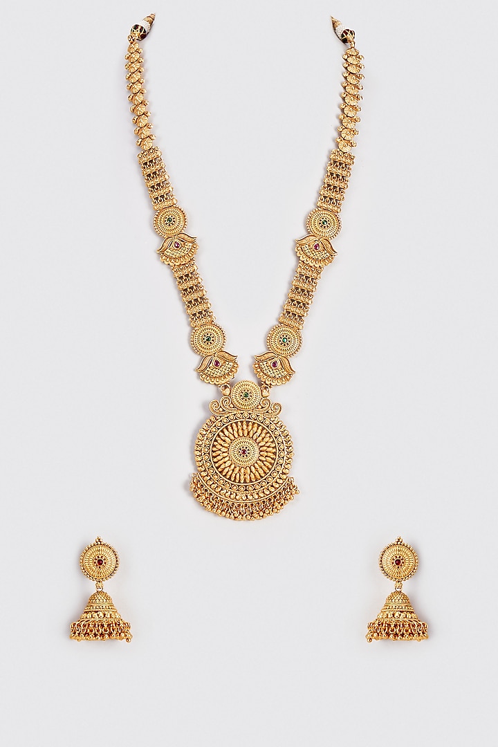Gold Finish Kundan Polki & Multi-Colored Stone Long Temple Necklace Set by VASTRAA Jewellery at Pernia's Pop Up Shop