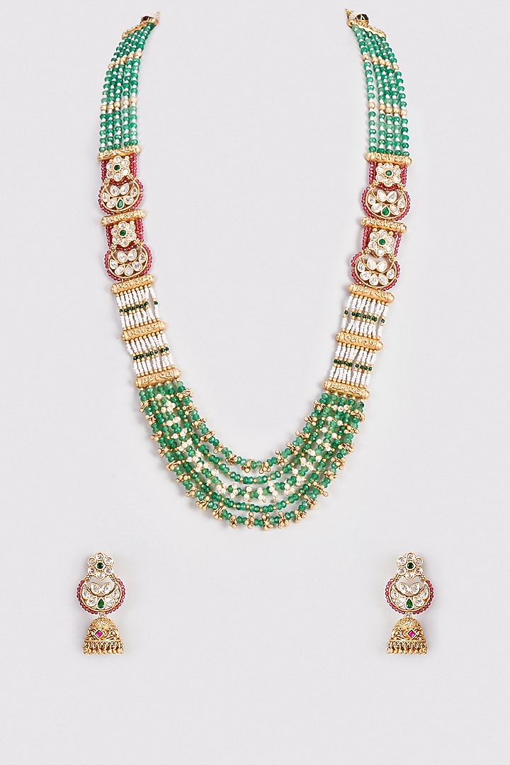 Gold Finish Kundan Polki Black Necklace Set With Beads, Stones, And Pearls