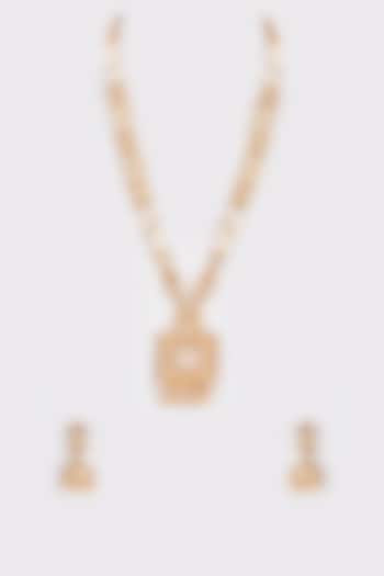 Gold Finish Kundan Polki & Pearl Long Temple Necklace Set by VASTRAA Jewellery at Pernia's Pop Up Shop