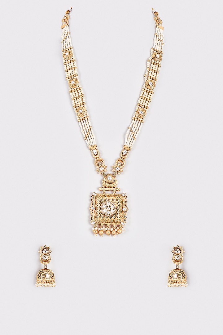 Gold Finish Kundan Polki & Pearl Long Temple Necklace Set by VASTRAA Jewellery at Pernia's Pop Up Shop