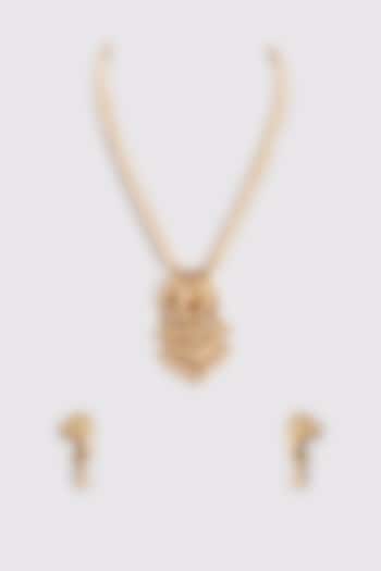 Gold Finish Kundan Polki & Pearl Long Temple Necklace Set by VASTRAA Jewellery at Pernia's Pop Up Shop