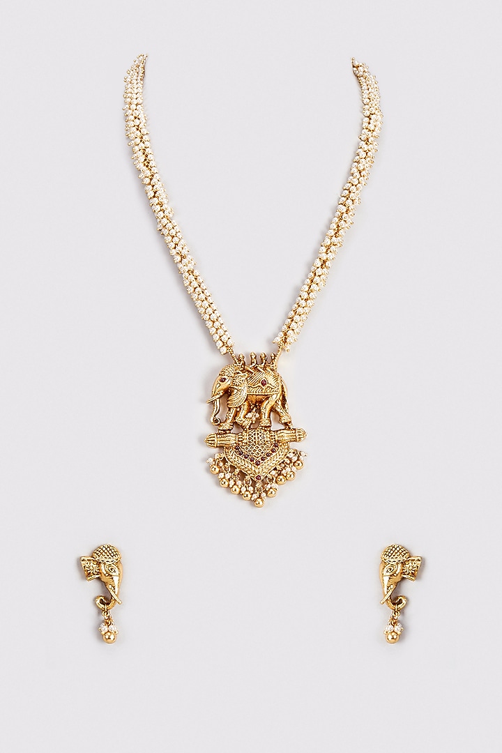 Gold Finish Kundan Polki & Pearl Long Temple Necklace Set by VASTRAA Jewellery at Pernia's Pop Up Shop