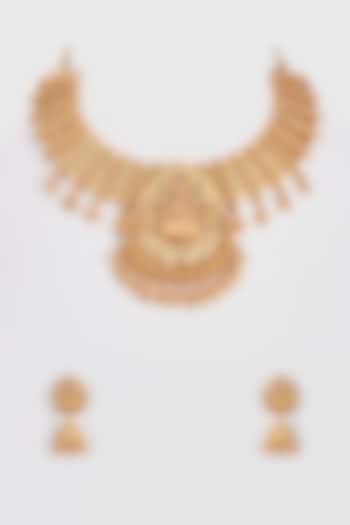 Gold Finish Kundan Polki Temple Necklace Set by VASTRAA Jewellery at Pernia's Pop Up Shop