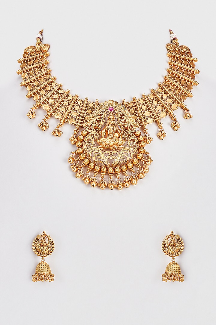 Gold Finish Kundan Polki Temple Necklace Set by VASTRAA Jewellery