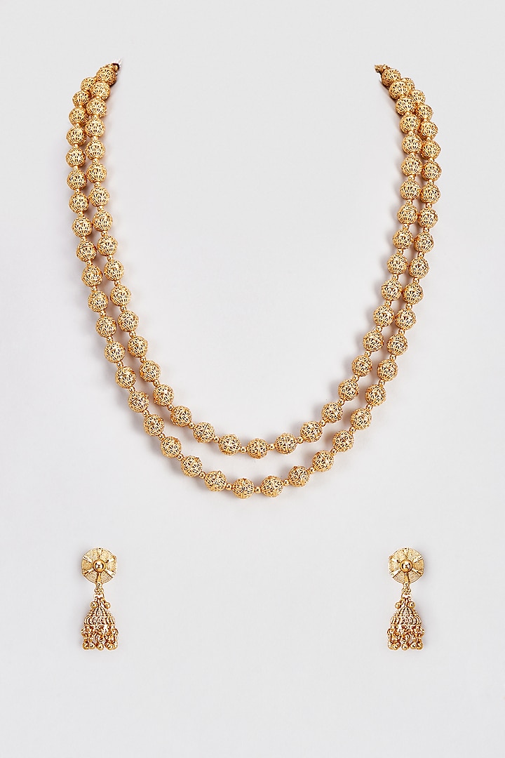 Gold Finish Temple Layered Mala Set by VASTRAA Jewellery at Pernia's Pop Up Shop