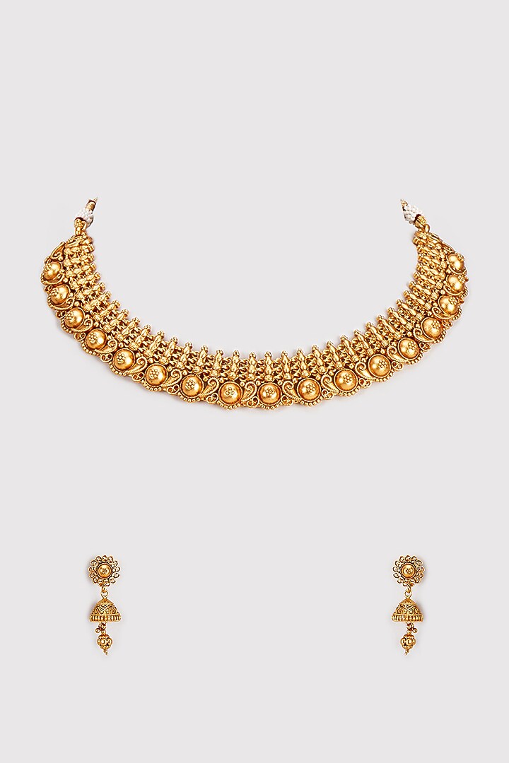 Gold Finish Kundan Polki Temple Necklace Set by VASTRAA Jewellery at Pernia's Pop Up Shop