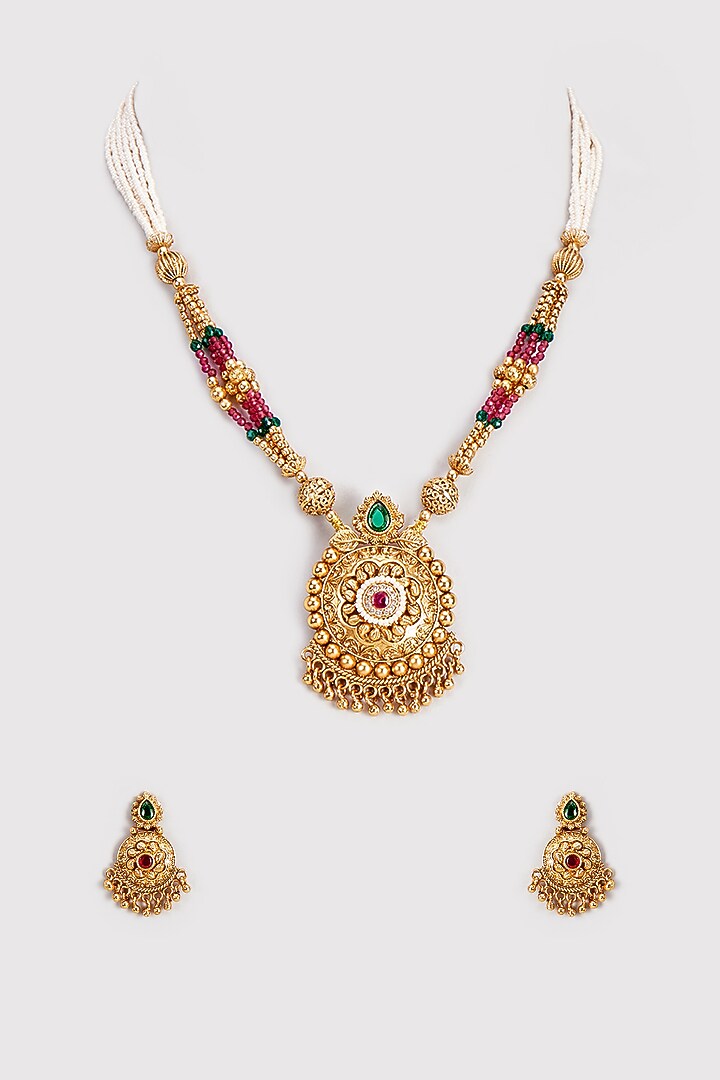 Gold Finish Kundan Polki & Pearl Long Temple Necklace Set by VASTRAA Jewellery at Pernia's Pop Up Shop