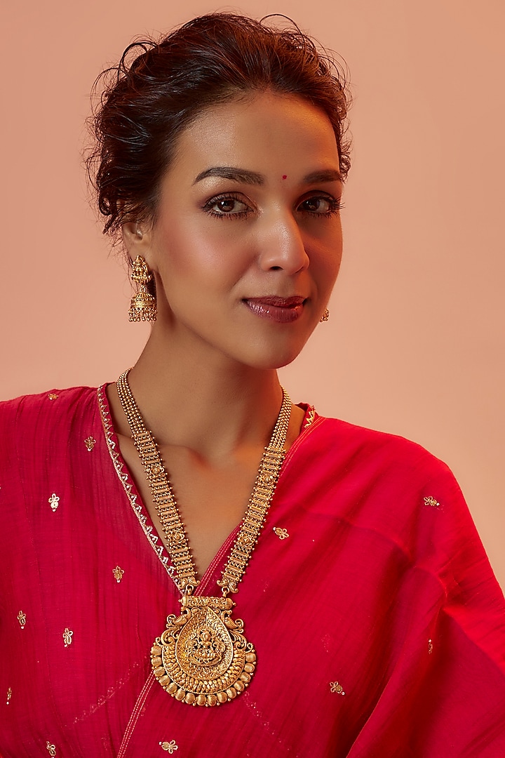 Gold Finish Kundan Polki Long Temple Necklace Set by VASTRAA Jewellery at Pernia's Pop Up Shop