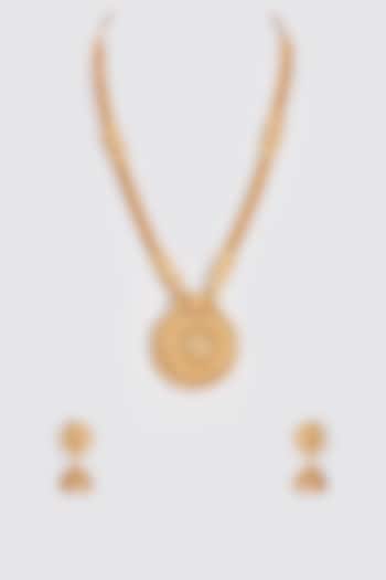Gold Finish Kundan Polki Long Temple Necklace Set by VASTRAA Jewellery at Pernia's Pop Up Shop