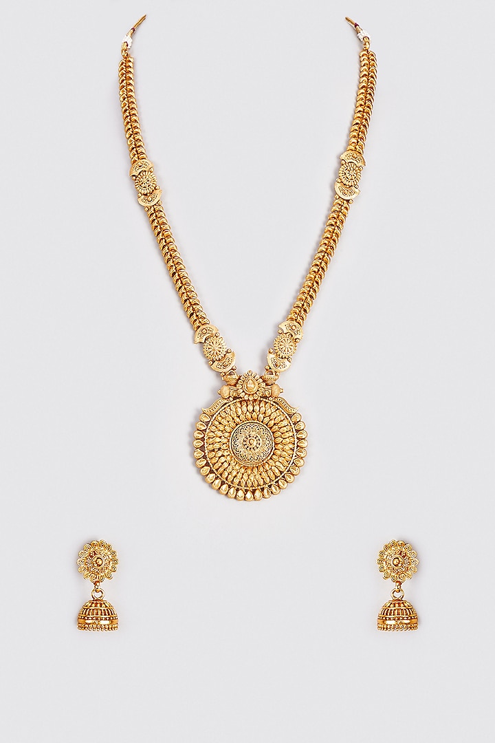 Gold Finish Kundan Polki Long Temple Necklace Set by VASTRAA Jewellery at Pernia's Pop Up Shop
