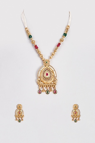 Gold Finish Kundan Polki & Pearl Long Temple Necklace Set by VASTRAA Jewellery