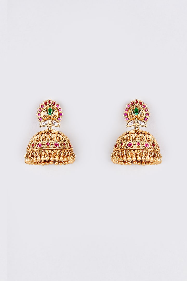 Gold Finish Kundan Polki & Multi-Colored Stone Temple Jhumka Earrings by VASTRAA Jewellery at Pernia's Pop Up Shop