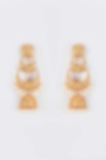 Gold Finish Kundan Polki & Pearl Temple Jhumka Earrings by VASTRAA Jewellery at Pernia's Pop Up Shop