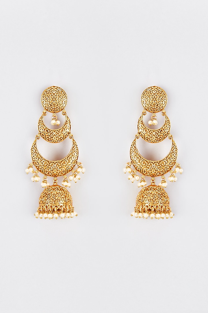 Gold Finish Kundan Polki & Pearl Temple Jhumka Earrings by VASTRAA Jewellery at Pernia's Pop Up Shop