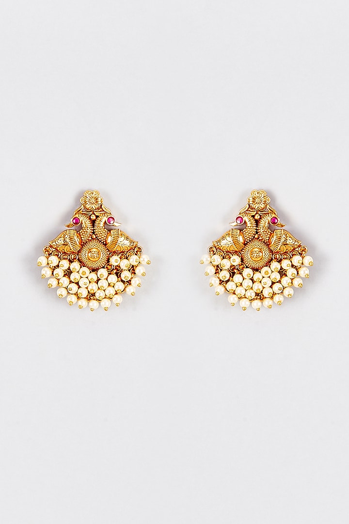 Gold Finish Kundan Polki Temple Stud Earrings by VASTRAA Jewellery at Pernia's Pop Up Shop