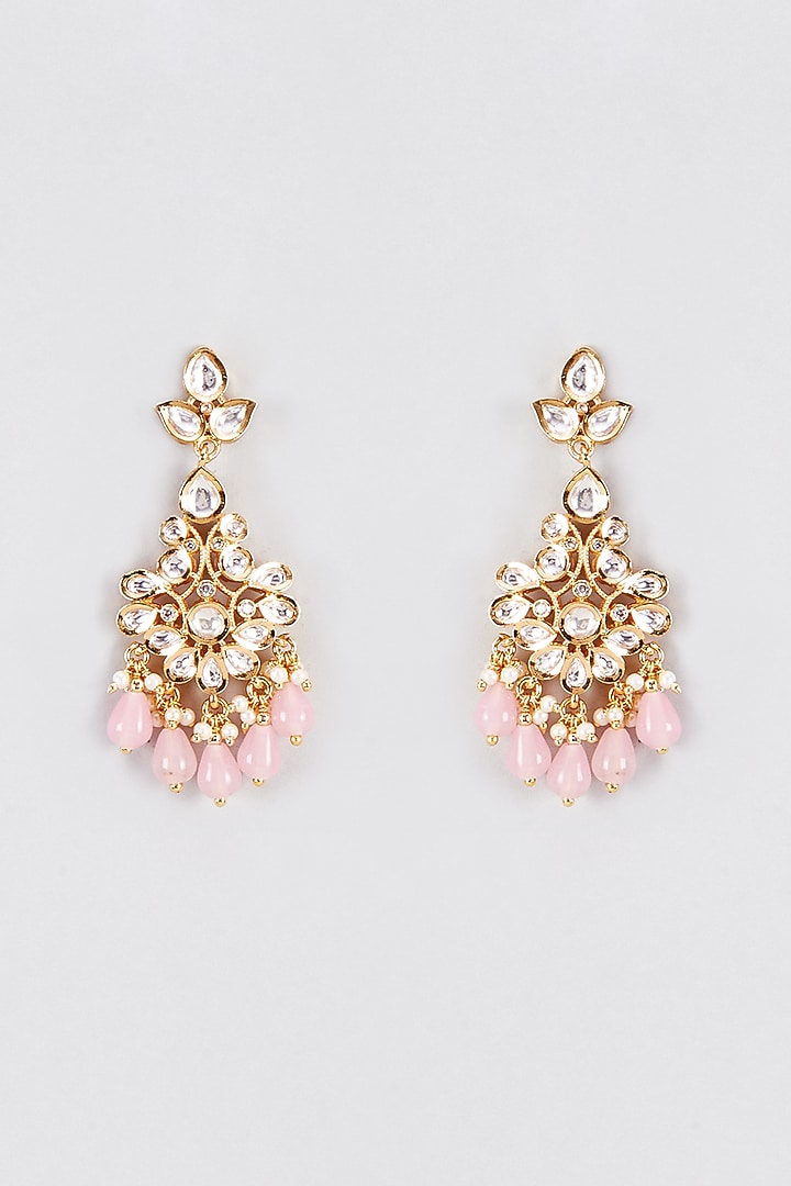 Gold Finish Kundan Polki & Pink Beaded Dangler Earrings by VASTRAA Jewellery at Pernia's Pop Up Shop