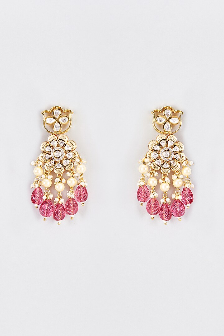 Gold Finish Kundan Polki & Red Beaded Dangler Earrings by VASTRAA Jewellery at Pernia's Pop Up Shop