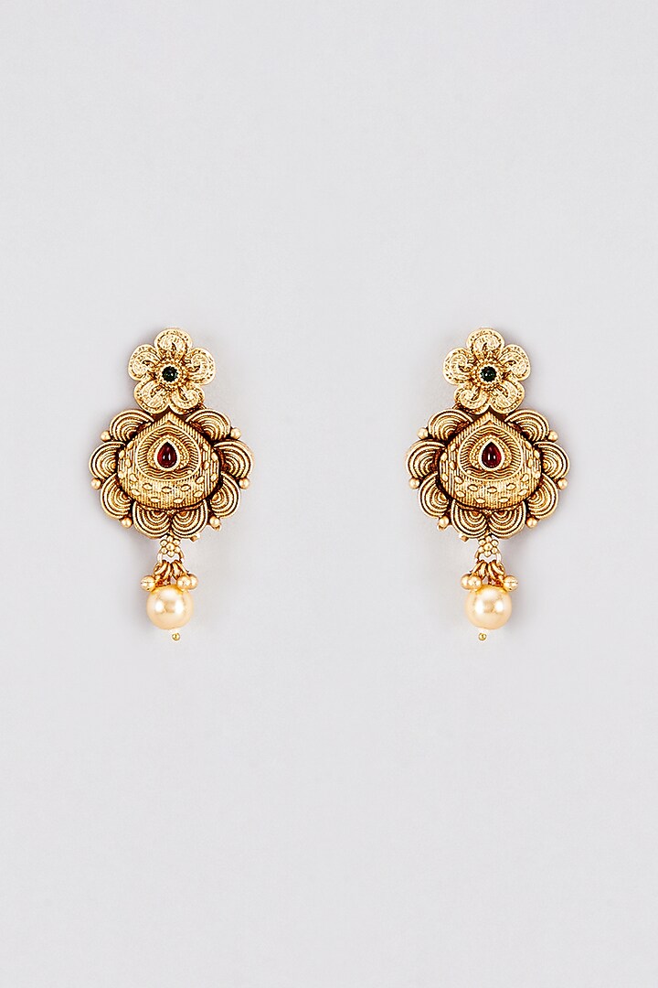 Gold Finish Kundan Polki & Red Stone Temple Dangler Earrings by VASTRAA Jewellery at Pernia's Pop Up Shop
