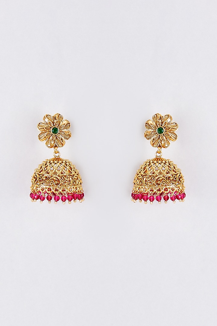 Gold Finish Kundan Polki & Red Beaded Temple Jhumka Earrings by VASTRAA Jewellery at Pernia's Pop Up Shop