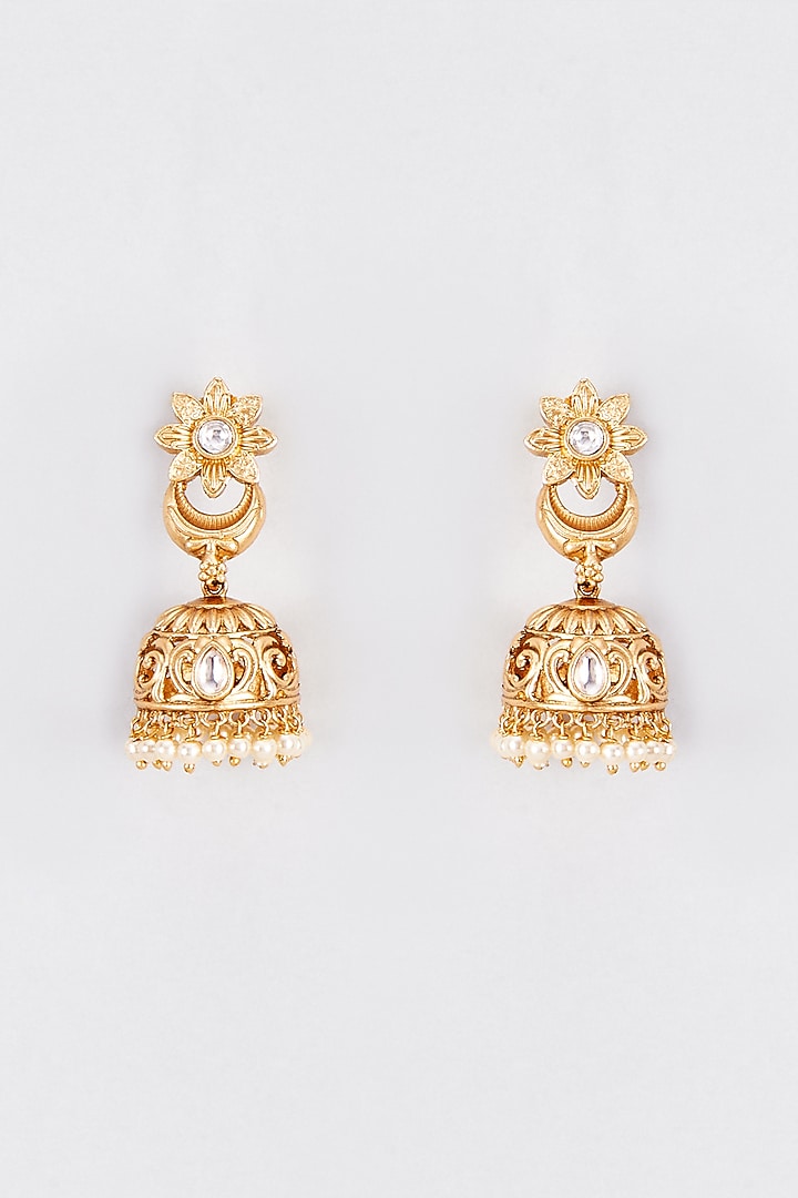 Gold Finish Kundan Polki & Pearl Temple Jhumka Earrings by VASTRAA Jewellery at Pernia's Pop Up Shop