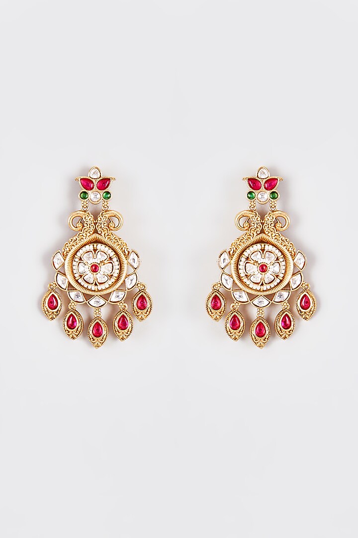 Gold Finish Kundan Polki Temple Dangler Earrings by VASTRAA Jewellery at Pernia's Pop Up Shop
