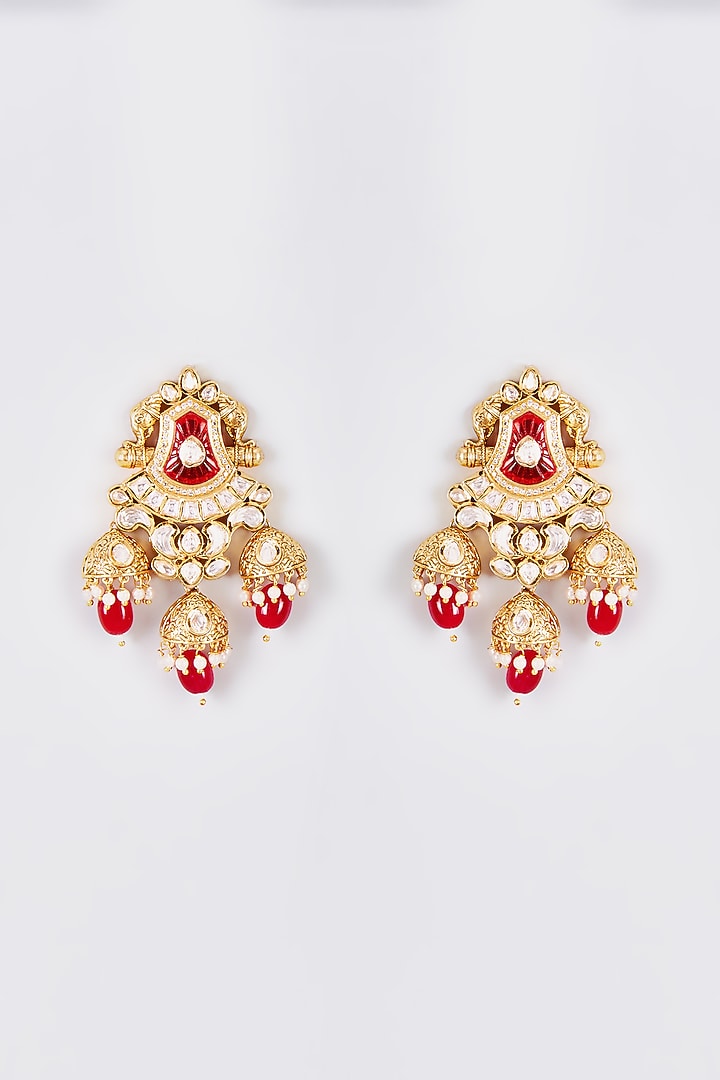 Gold Finish Kundan Polki Temple Dangler Earrings With Red Beads by VASTRAA Jewellery at Pernia's Pop Up Shop