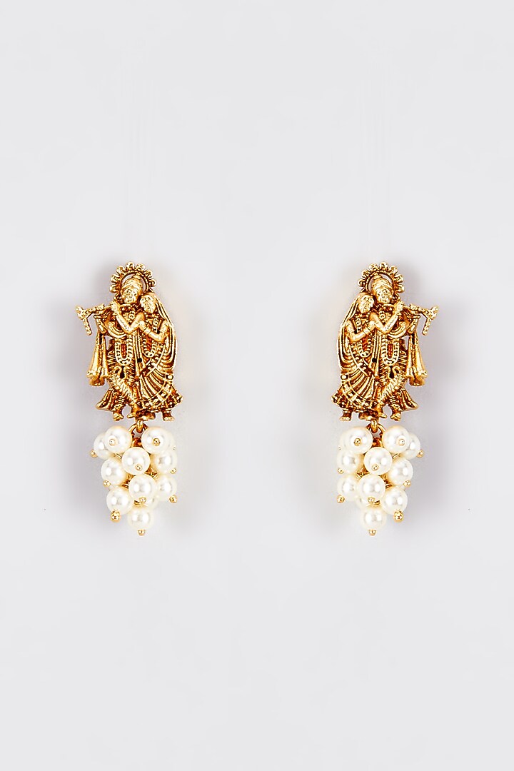 Gold Finish Kundan Polki Temple Dangler Earrings With Pearls by VASTRAA Jewellery at Pernia's Pop Up Shop