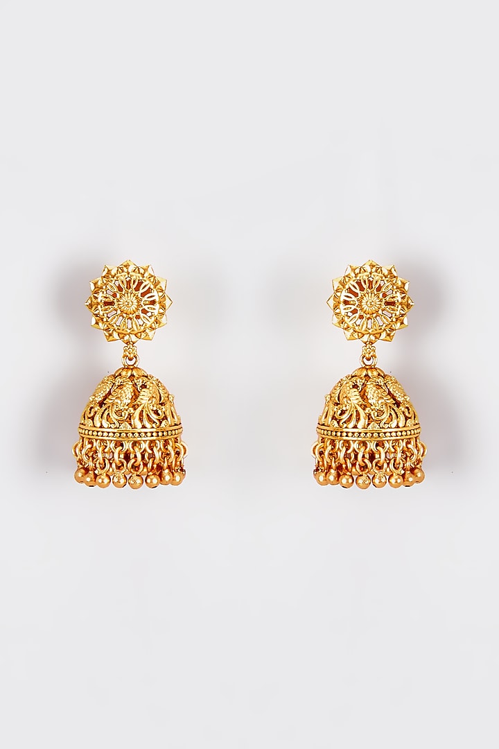 Gold Finish Temple Jhumka Earrings by VASTRAA Jewellery at Pernia's Pop Up Shop