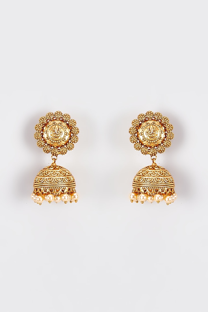 Gold Finish Temple Jhumka Earrings by VASTRAA Jewellery at Pernia's Pop Up Shop