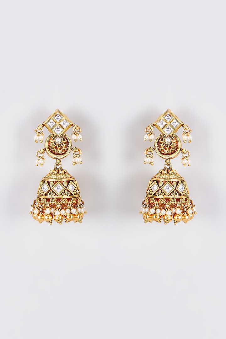 Gold Finish Temple Jhumka Earrings by VASTRAA Jewellery at Pernia's Pop Up Shop