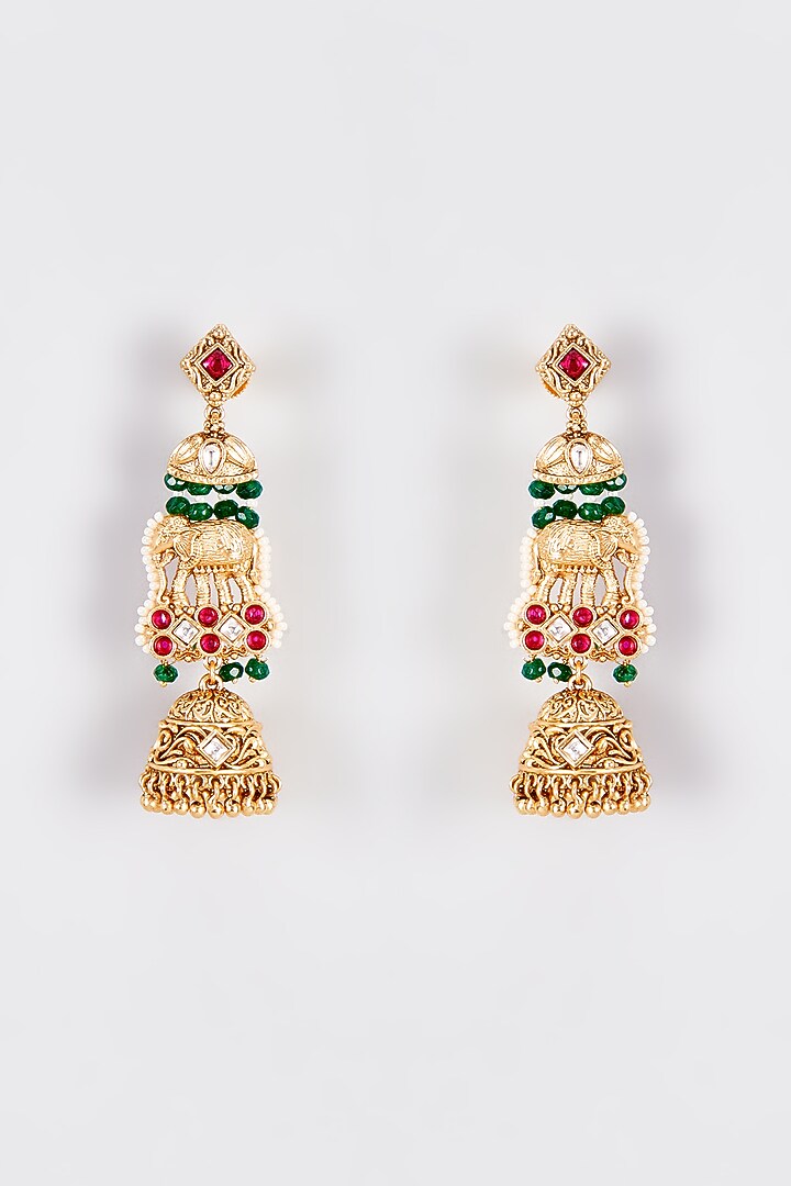 Gold Finish Kundan Polki Temple Jhumka Earrings by VASTRAA Jewellery at Pernia's Pop Up Shop