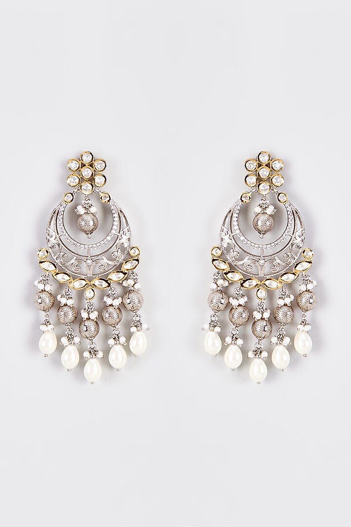 Two Tone Finish Kundan Polki & Pearl Temple Chandbali Earrings by VASTRAA Jewellery at Pernia's Pop Up Shop