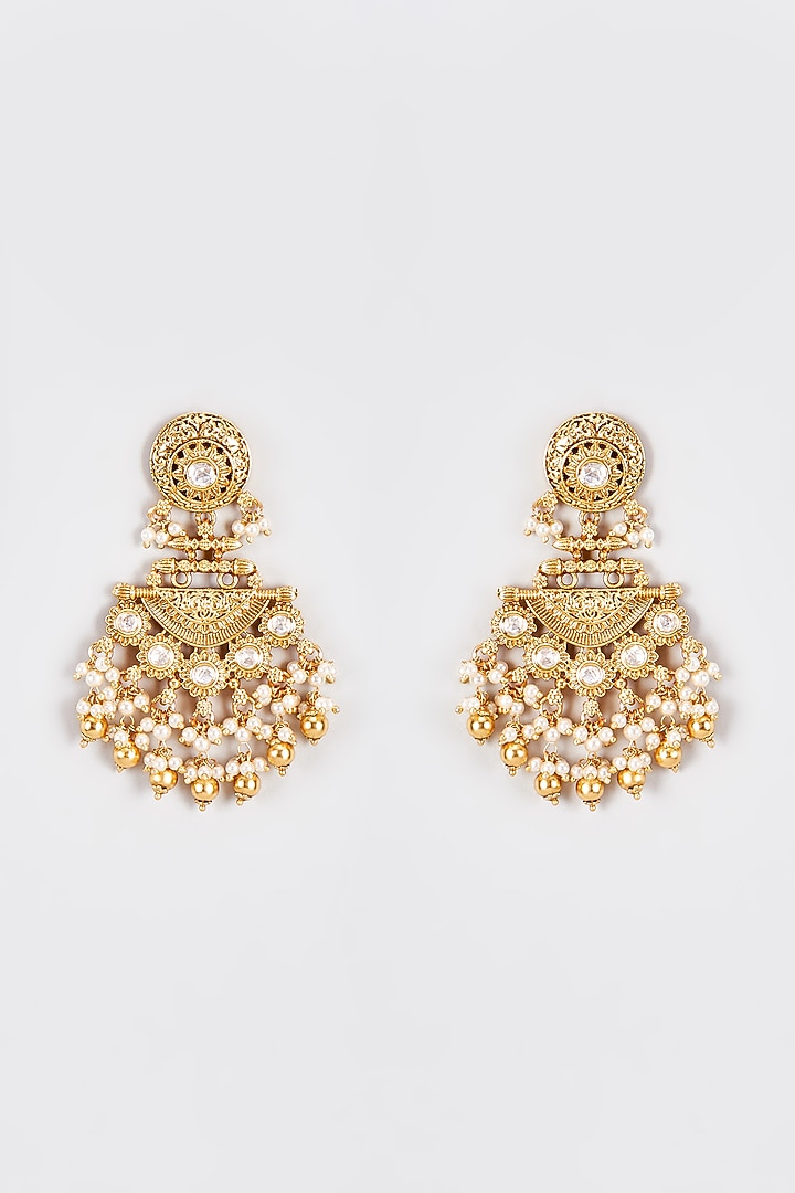 Gold Finish Kundan Polki Temple Dangler Earrings With Pearls by VASTRAA Jewellery at Pernia's Pop Up Shop