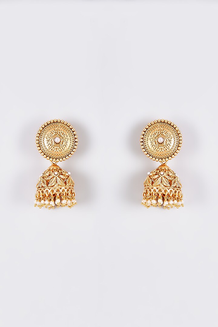 Gold Finish Kundan Polki Temple Jhumka Earrings by VASTRAA Jewellery at Pernia's Pop Up Shop