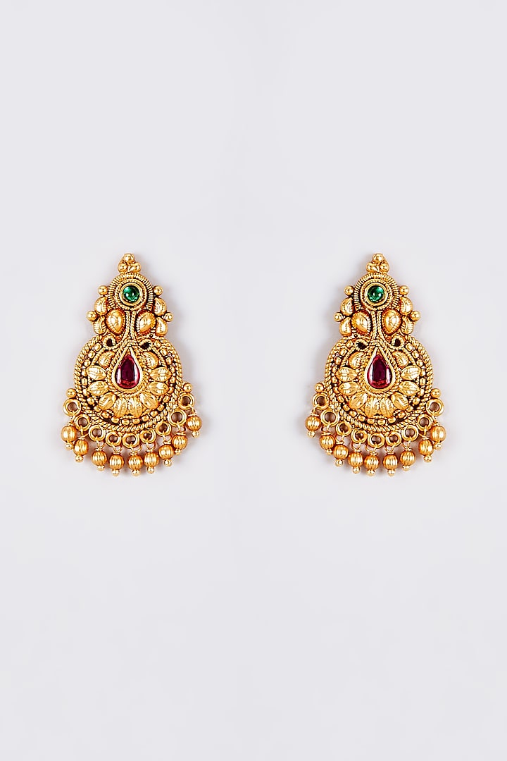 Gold Finish Kundan Polki Temple Dangler Earrings by VASTRAA Jewellery at Pernia's Pop Up Shop