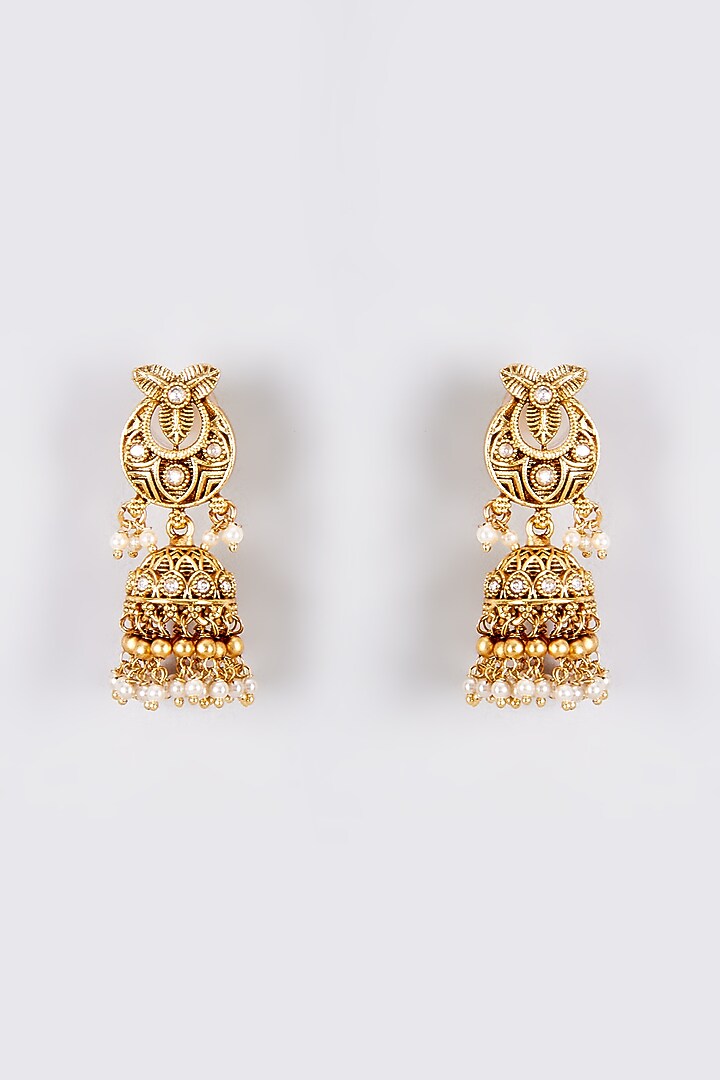 Gold Finish Kundan Polki Temple Jhumka Earrings by VASTRAA Jewellery at Pernia's Pop Up Shop