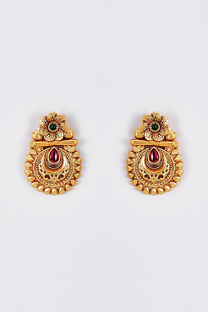 Gold Finish Kundan Polki Temple Dangler Earrings by VASTRAA Jewellery at Pernia's Pop Up Shop